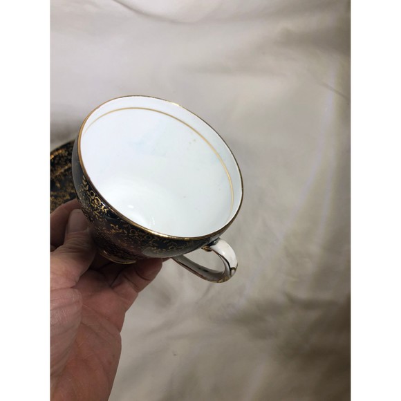 Royal Grafton Bone England Black  Gold Tea Cup & Saucer Set Green Backstamp - Picture 9 of 10